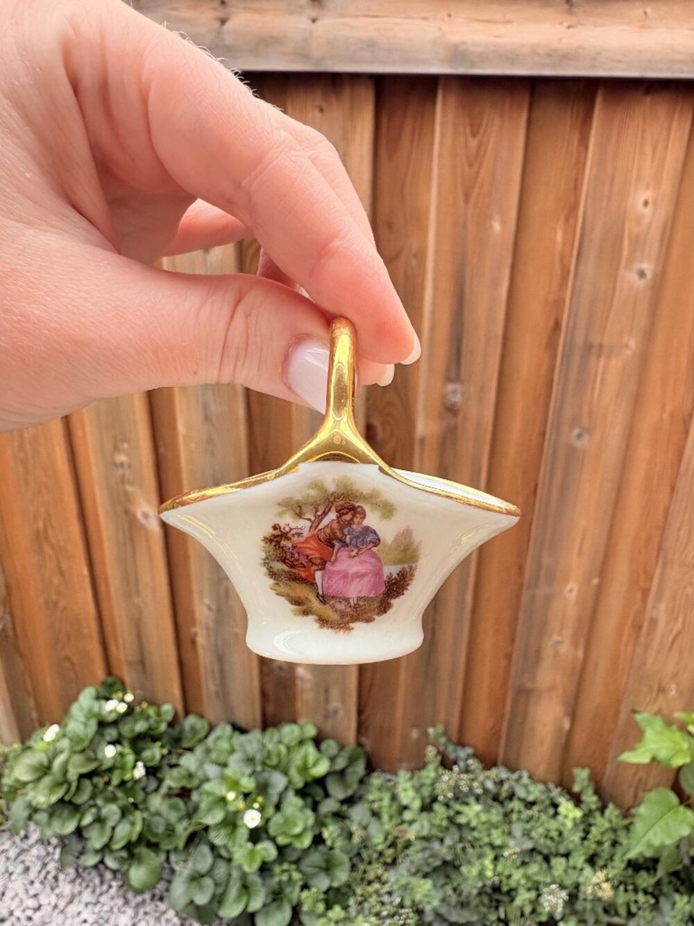 Vintage Limoges Miniature Porcelain Basket, Courting Couple, Gold Gilt